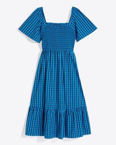 Deana Smocked Dress in Blue Gingham Summer Gingham Smocked Dress With Smocked Back, Cotton Midi Dress With Smocked Cuffs, Blue Smocked Midi Dress For Daywear, Summer Gingham Dress With Smocked Cuffs, Spring Plaid Cotton Smocked Dress, Spring Gingham Dresses With Smocked Cuffs, Blue Smocked Square Neck Dress, Blue Smocked Square Neck Dress For Daywear, Blue Smocked Midi Dress For Summer