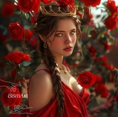 a woman wearing a crown surrounded by red roses