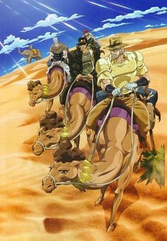 the three men are riding on camels in the desert