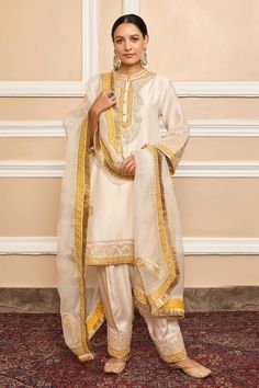 Buy Sheetal Batra Ivory Pure Silk Chanderi Embroidered A-line Kurta Set Online | Aza Fashions Sheetal Batra, Applique Kurta, Punjabi Salwar, Dresses Traditional, Latest Dress Design, Salwar Designs, Dress Book, Casual Indian Fashion