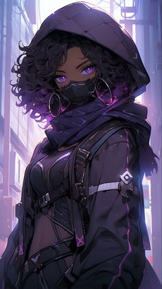 an anime character with purple eyes and black hair wearing a hoodie in the city