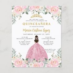 the quinceenara princess birthday party is shown with pink roses and greenery