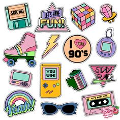 the stickers are all different shapes and sizes, including skateboards, cassettes, sunglasses