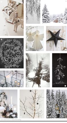 a collage of photos with christmas decorations and trees in the snow, including stars