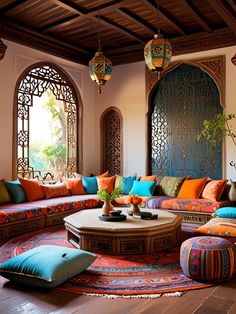 a living room filled with lots of colorful furniture