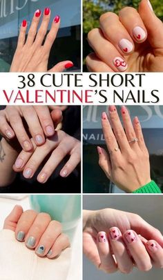 Cute Short Nails Valentines Day, Heart Manicure Designs, Professional Valentines Nails, Easy Valentines Nail Designs, Short Squoval Valentines Nails, Valentine’s Short Nails, Fun Valentines Nails Short, Valentines Day Nails 2024 Short, Short Nails For February