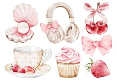 Coquette Headphones, Tea Couple, Headphones Drawing, Seashell Cake, Strawberry Clipart, Headphones Art, Coquette Art, Idee Cricut, Ebook Design