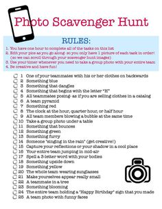 a photo scavenger hunt is shown with the words, rules and other things to do