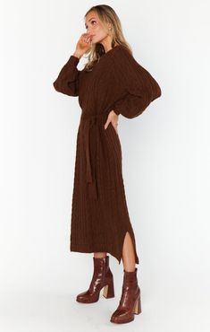 Barb Sweater Dress ~ Chocolate Cable Knit Brown Sweater Dress, Flower Midi Dress, Maternity Bridesmaid Dresses, Cable Knit Dress, Cable Knit Sweater Dress, Warm Chocolate, Formal Dress Shops, Fall Dress, Sweater Dress Midi