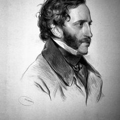 a drawing of a man with curly hair and beard wearing a suit, looking off to the side