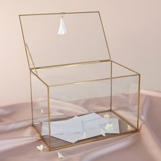 Glass Wedding Card Box With Gold Accents Style Me Pretty Card Box 56720 Glass Wedding Card Box, Gold Card Box Wedding, Gold Card Box, Wedding Envelope Box, Diy Card Box, Gift Table Wedding, Snowflake Wedding, Wedding Card Box, Glass Wedding