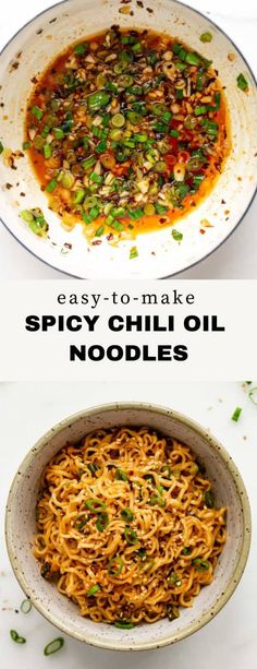 two pictures with different types of food in them and the words easy to make spicy chili noodles