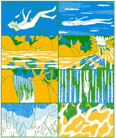 four different colored images of water and land