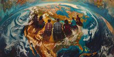 several people standing in front of a painting of the earth as if they were looking at something