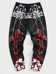 Men Cross Lightning Print Drawstring Waist Pants, School Black Street   Fabric Geometric,Halloween Jogger Non-Stretch Spring/Summer/Fall Men Clothing, size features are:Bust: ,Length: ,Sleeve Length: Drip Pants, Alt Pants, Streetwear Bottoms, Gothic Fashion Men, Geometric Halloween, Clothing Brand Inspiration, Psd Boxers, Goth Men, Graphic Clothes