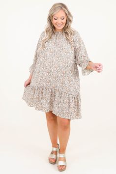 Chic Soul plus size clothing, tan floral 3/4 length bubble flutter sleeve with flutter bottom Cute Sandals, Model Fits, So Sweet, Ruffle Hem, So Cute, Casual Dress, Floral Pattern, High Neck Dress, Long Sleeve Dress