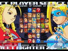 the title screen for street fighter 3, which features two women in blue and one man in