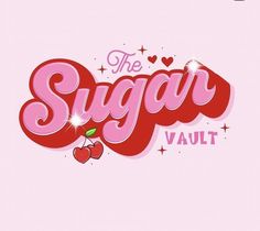 the sugar vault logo with cherries and stars on it's pink back ground