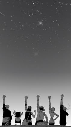 five people are standing in front of the sky with their arms up and hands raised