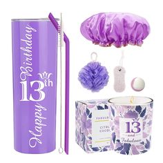 the contents of a birthday candle, gift box, and other items are arranged on a white background