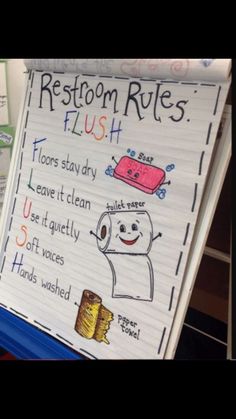 a classroom rules sign on the back of a blue trash can