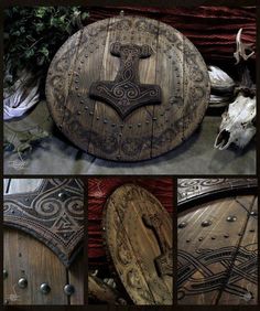 several different pictures of an old wooden shield