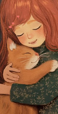 a painting of a girl hugging a cat with her face close to the cat's chest