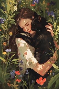 a painting of a woman holding a black cat in the middle of flowers and grass