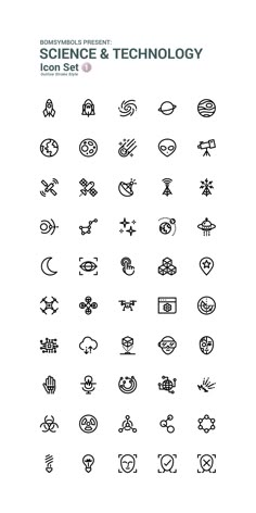 the science and technology icon set is shown in this black and white version, with different symbols