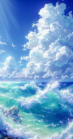 an ocean scene with waves crashing on the shore and clouds in the sky above it