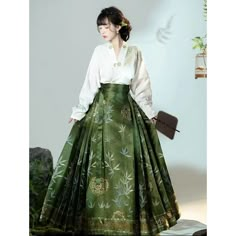 Ming Dynasty-Style Hanfu Size Xs New Mamian Two-Piece Set, Bamboo Print Skirt For The Blouse: - Sleeve Length: 62.5 Cm (24.6 Inches) - Sleeve Opening: 12.5 Cm (4.9 Inches) - Total Sleeve Length: 153 Cm (60.2 Inches) For The Horse Face Skirt (Mamian Skirt ): - Skirt Length: 96 Cm (37.8 Inches) - Skirt Head Width: 7 Cm (2.8 Inches) - Skirt Door Width: 24 Cm (9.4 Inches) - Skirt Waist Length: 92 Cm (36.2 Inches) - Suitable Waist Circumference: 54-74 Cm (21.3-29.1 Inches) New With Tag And Package Th Chinese Attire Traditional Dresses, Modern Hanfu Skirt, Mamian Skirt, Hanfu Skirt, Ming Dynasty Hanfu, Chinese Attire, Dynasty Clothing, Chinese Clothes, Chinese Traditional Dress