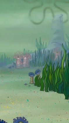 an animated scene with blue and green plants