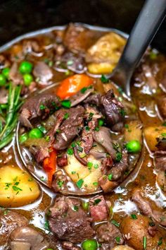 a spoon full of beef stew with potatoes and carrots on the side in a pot