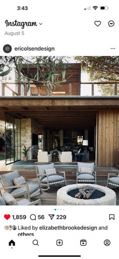 an instagramted photo of a patio with chairs and fire pit