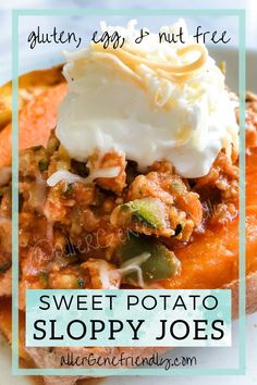 sweet potato sloppy joes with whipped cream on top and text overlay that reads, sweet potato sloppy joes