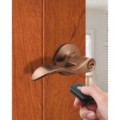 a person holding a remote control in front of a door handle on a wooden door