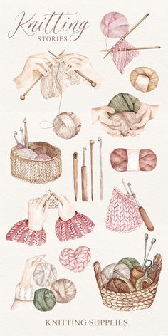 knitting supplies are shown in watercolor and ink, with the words knitting stories written below