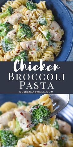 chicken broccoli pasta is served in a blue bowl with a fork and the words chicken broccoli pasta on it