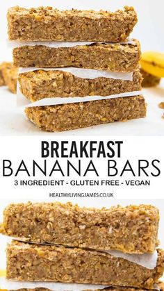 banana bars stacked on top of each other with text overlay that reads, breakfast banana bars 3 ingredient gluten free vegan