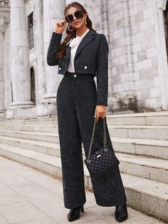 Black and White Elegant  Long Sleeve Tweed Plaid   Non-Stretch Fall/Winter Women Suits Tweed Outfit Women, Tweed Suit Women, Blazer Wide Leg Pants, Spring Business Casual Outfits, Tweed Fashion, Tweed Outfit, Spring Business Casual, Black And White Suit, Office Wear Women