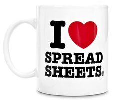 i love spreadsheets coffee mug with the words spread sheets in black and red