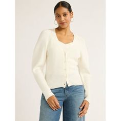 Be your own style icon with the Puff-Sleeve Cardigan from Scoop. Crafted in a soft, cotton blend ribbed knit that offers versatility and all-day comfort. Features long puff sleeves for effortlessly chic vibes any day of the week. A perfect pick to layer over flowy dresses or with jeans and a tee. Whether you're strolling through a weekend market or conquering your workweek, this cardigan completes your look with a timeless-chic touch. Only at Walmart. Size: S.  Color: White.  Gender: female.  Ag Weekend Market, Puff Sleeve Cardigan, Flowy Dresses, Timeless Chic, Chic Vibes, Button Cardigan, Long Puff Sleeves, Sleeve Cardigan, Flowy Dress