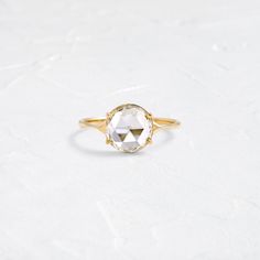 |14k Yellow Gold Rose Cut White Sapphire Ring, Rose Cut Engagement Ring, Rose Cut Engagement Rings, Corset Ring, Low Profile Engagement Rings, Rose Cut Diamond Ring, Handcrafted Engagement Ring, Melanie Casey, Rosecut Diamond Ring