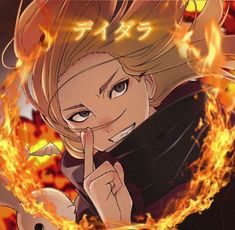 an anime character with blonde hair and blue eyes is in front of a blazing fire