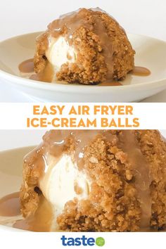 two pictures of an ice cream ball with caramel drizzle on top and the bottom