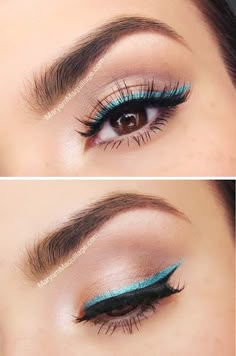 Replace the black eyeliner with color                                                                                                                                                                                 More Turquoise Eyeliner, Eyeliner Lashes, Kajal Eyeliner, Summer Makeup Looks, Blue Eyeliner, Green Makeup, Beauty Make-up, Eyeliner Looks, Eye Wear