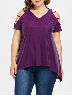 Plus Size Shredding Sleeve V-neck T-shirt - Purple - 3K76778412 - Women's Clothing, Plus Size Women's Clothing  #PlusSizeWomensClothing #Women's #Clothing # #Plus #Size #Women's #Clothing Flare Sleeves Pattern, Dresses Polyvore, Spandex Shirts, Cut T Shirt, Trendy Plus Size Clothing, Plus Size Maxi Dresses, Plus Size Womens Clothing, Fashion Seasons, Plus Size Blouses