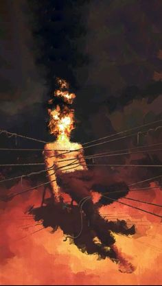 a painting of a person sitting on a bench in the middle of a fire pit