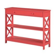 a red shelf with two drawers and one drawer on the bottom, in front of a white background