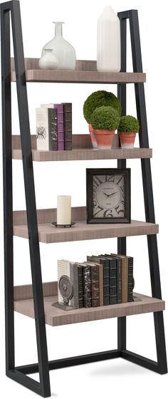 a book shelf with books, plants and other items on it's sides in front of a white background